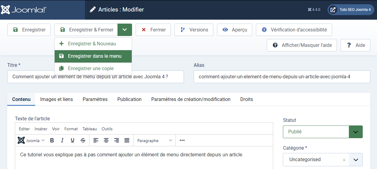 tutoriel joomla 4 ajouter un lien de menu dans un article