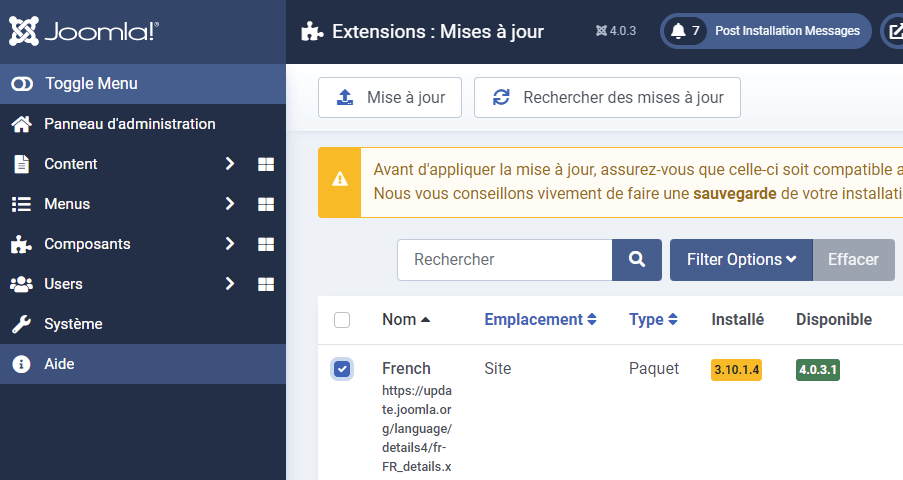 mise a jour du paquet de langue francaise - migration de Joomla 3 vers joomla4