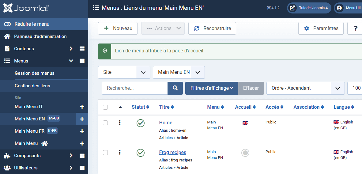 Page par défaut lien de menu accueil langue Joomla 4