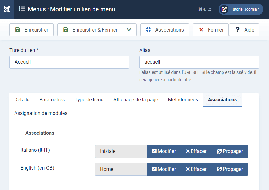 joomla site multilingue association via les éléments de menu