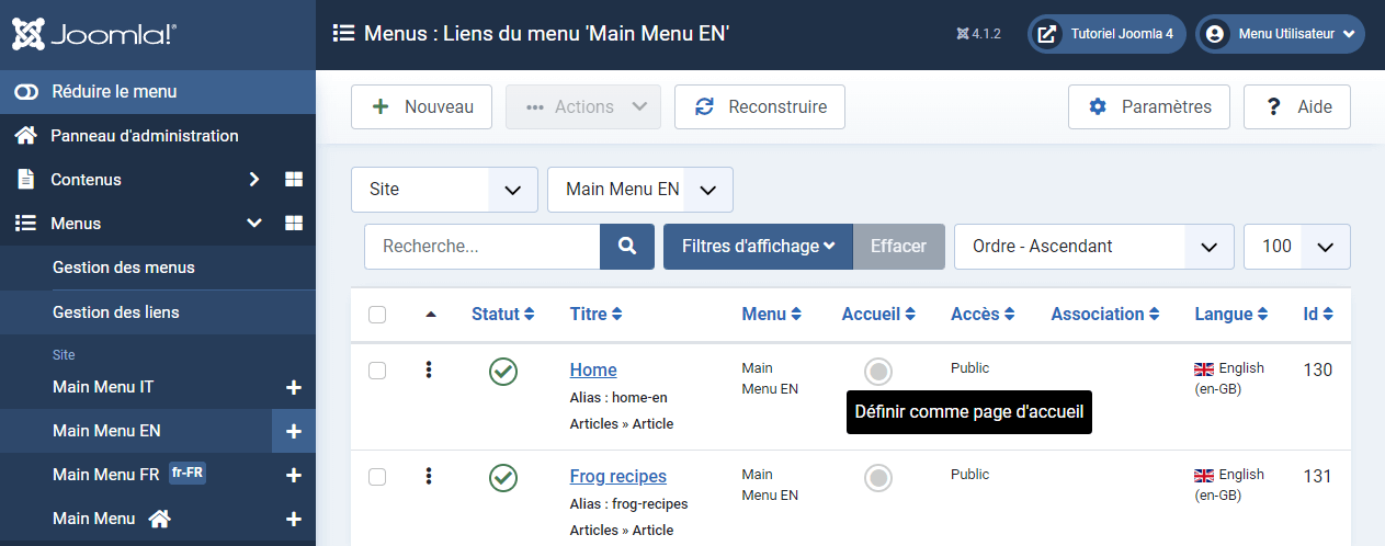 page par defaut langue lien de menu accueil Joomla 4