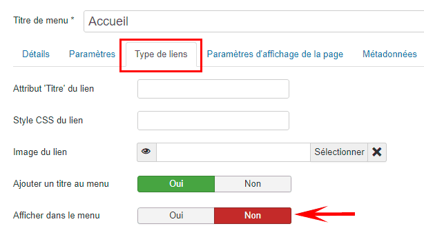 Montrer l'option de Joomla :  "Afficher dans le menu" 