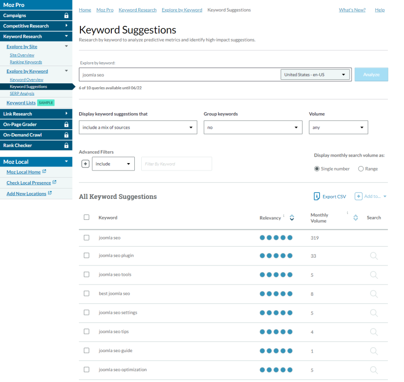 Recherche de mots clés outil de suggestion moz pro
