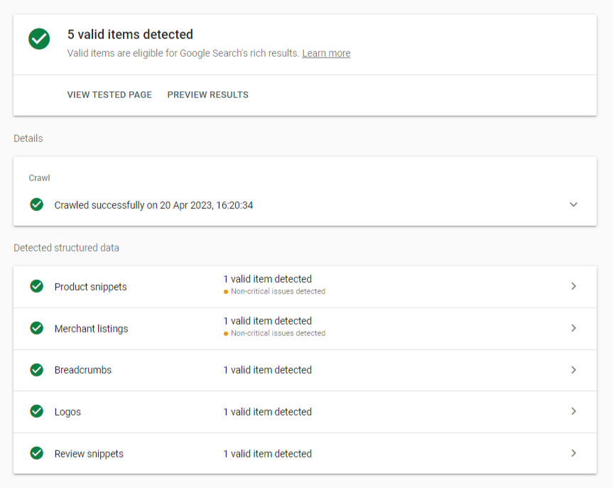 résultats enrichies test  sur la google search console