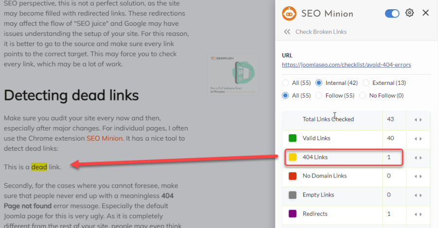 seo minion  détection de liens mots