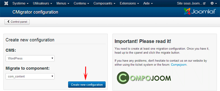 administration cmigrator créer configuration