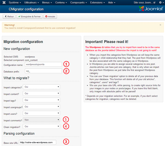 administration cmigrator détail e la configuration