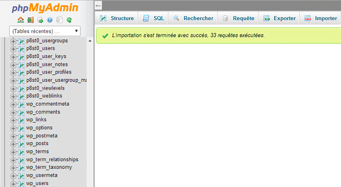 résultat importation tables base donnée wordpress dans celle de Joomla