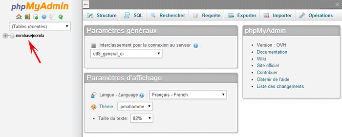selectionner base de donnée joomla