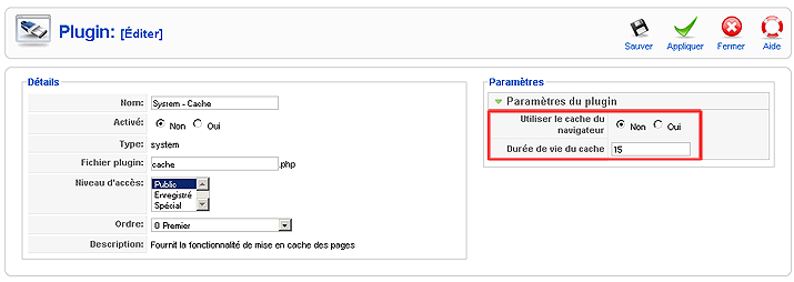 System cache options du plugin